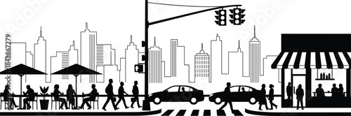 Black-and-white silhouette city street scene with pedestrians, café, vehicles, and traffic light for urban lifestyle and educational design.