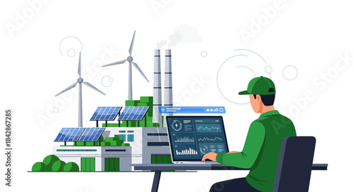 Sustainable energy management system monitoring wind turbines and solar panels through software