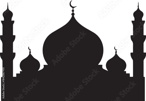 Black silhouette of a mosque with domes and minarets on white background Islamic architecture