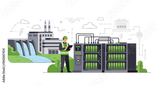 Sustainable energy solution, hydropower, battery storage and engineer inspection concept