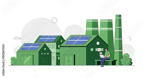 Sustainable power illustration showcasing solar energy integrated into eco friendly architectural