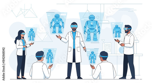 Team of engineers using augmented reality for robotics research and development virtual lab
