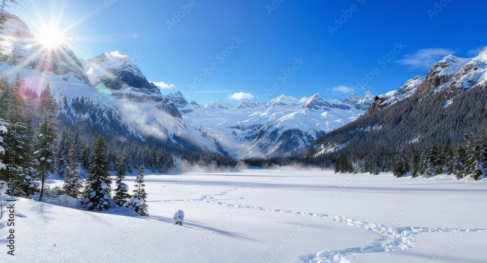 Obraz premium Winter mountain landscape with sun over frozen lake and footprints