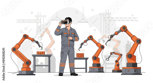 Technician Supervising Automated Factory Production Using Virtual Reality Headset Technology for