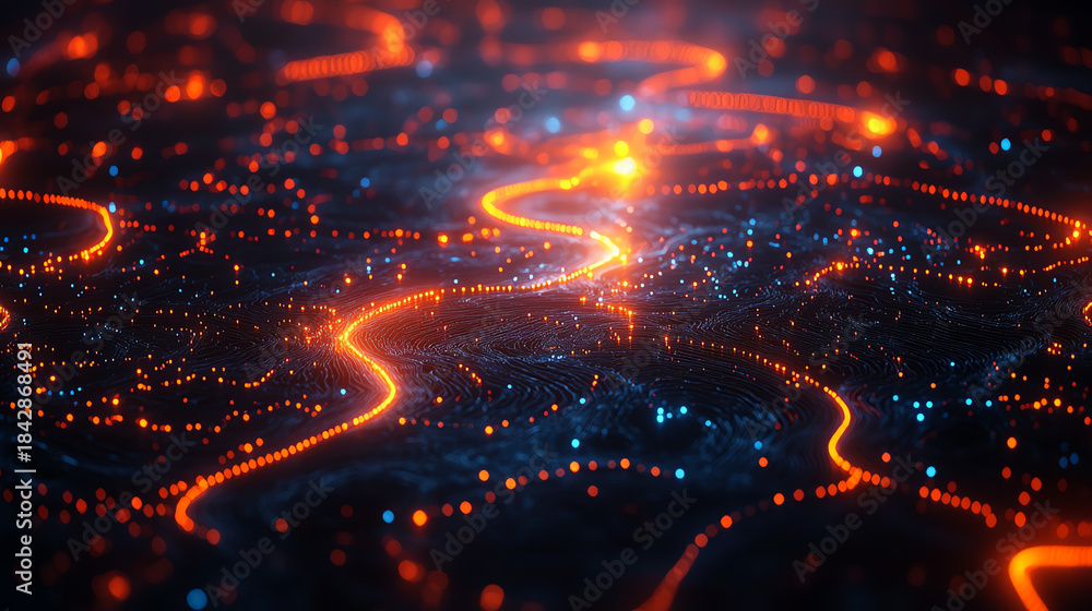 Fototapeta premium A vibrant abstract representation of interconnected data flows, featuring glowing lines and dots in a digital landscape.