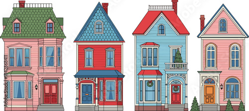 Cartoon Victorian house set with festive decor, wreaths, trees, and colorful architecture for holiday illustration and seasonal design.