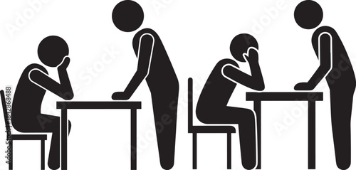 Silhouetted figures in a meeting some seated some standing conveying discussion or contemplation