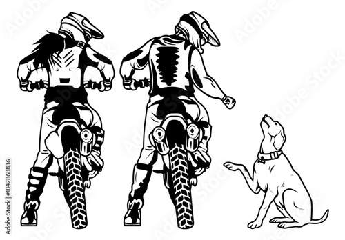 Mom and Dad on Motocross fist bumping Pet Dog Vector Illustration