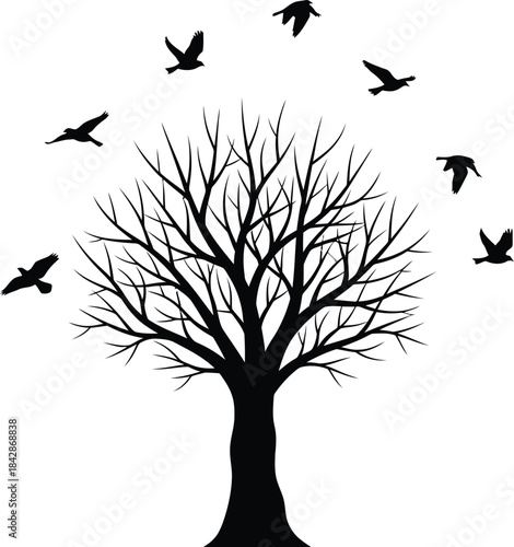 Silhouette of a bare winter tree with flock of birds flying in a circular motion above its branches creating a mystical and symbolic scene of nature's cycles isolated on white background