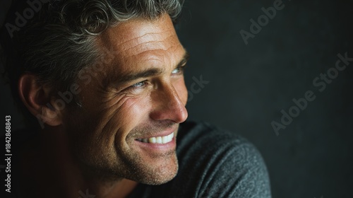 Radiant Confidence: A close-up shot of a mature man with graying hair and a warm, genuine smile. His eyes sparkle with vitality, embodying a sense of self-assurance and contentment.