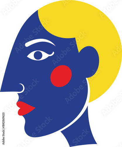 Abstract portrait of a person in profile with bold blue and yellow colors modern graphic design isolated on white background