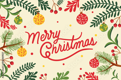 Merry Christmas and Happy New Year Background. Merry christmas design template, greeting cards, banner, poster,holiday cover. Christmas tree, ball, Merry Christmas typographic. Xmas decoration. 