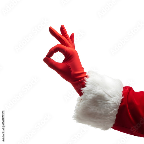 A red gloved hand with white fur trim making an 'OK' gesture. The background is transparent, emphasizing the hand's details.