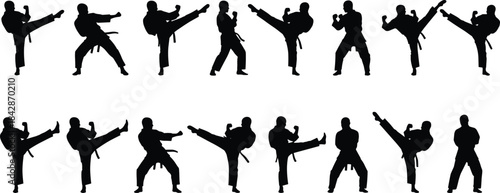 Martial Arts and Karate Silhouettes Set, Fighter Kicking Action Poses, Taekwondo and Self-Defense Graphics, Combat Sports Vector Collection, Isolated Kickboxer Training Icons.