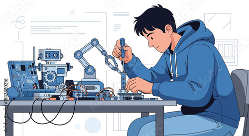 Young innovator assembling intricate robotics with precision and focused determination fostering