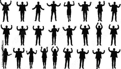 Business People and Professionals Silhouettes Set, Group of Happy Workers with Hands Up, Corporate Team Success Icons, Teamwork and Celebration Vector Collection, Isolated Office Staff Graphics.