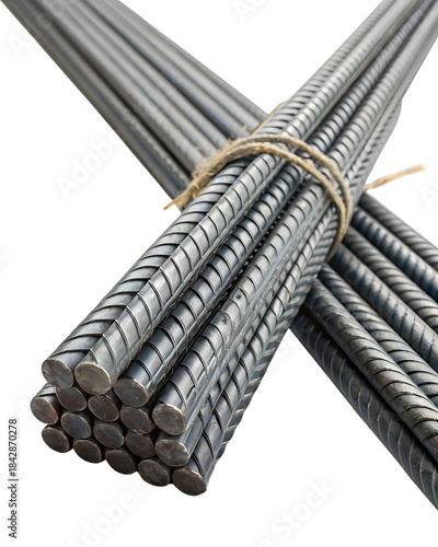 A bundle of steel rebar tied with twine, isolated on a transparent background. The rebar has a textured surface and is commonly used in construction.