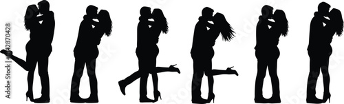 Romantic Couple Silhouettes Set, Kissing Man and Woman Poses, Valentine's Day Love Icons, Dating and Engagement Graphics, Hugging Lovers Vector Collection, Relationship Emotion Clipart.