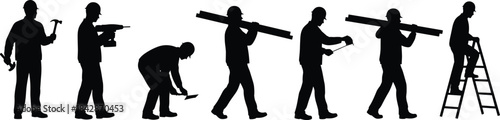 Construction Worker and Handyman Silhouettes Mega Set, Laborer Action Poses, Tradesman Carrying Materials, Worker on Ladder Graphic Elements, Job Site Professional Vector Collection.