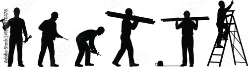 Construction Worker and Handyman Silhouettes Set, Laborer and Builder Action Poses, Tradesman Carrying Materials, Worker on Ladder Graphic Icons, Job Site Professional Vector Collection.
