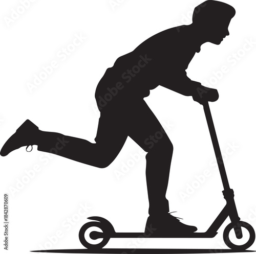 Black silhouette of a person riding a kick scooter on a white background vector