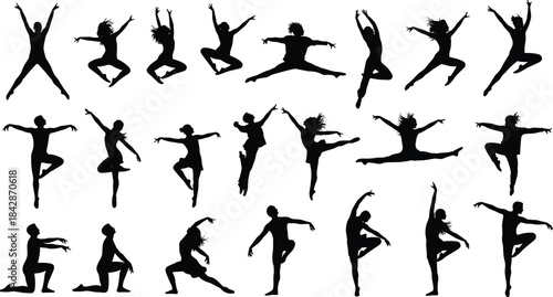 Female Dancer and Gymnast Silhouettes Set, Dynamic Movement Collection, Ballet and Modern Dance Jumps, Rhythmic Gymnastics Poses, Athletic 