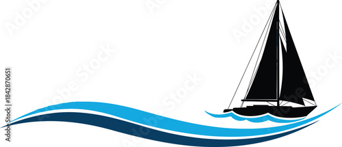 Elegant silhouette of a black sailboat navigating through stylized blue waves with a dreamy artistic feel perfect for travel and nautical themes isolated on white background