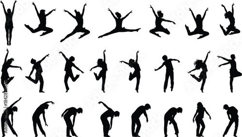 Diverse Dance, Yoga, and Fitness Silhouettes Mega Set, Stretching and Jumping Poses Collection, Gymnastics and Ballet Vector Icons, 