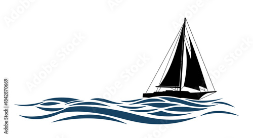 Elegant black sailboat gliding gracefully across textured blue ocean waves nautical adventure recreation isolated on white background