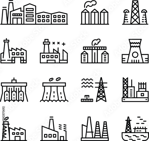 Industrial factory and power plant line icons, oil rigs, energy towers, refineries, clean outline vector set for design projects