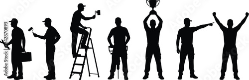 Vector Silhouettes of Workers and Achievers, Including Repairmen, Painters, and Champions with a Trophy, Black Graphics for Business, Success, and Hard Work Themes, Isolated on White.