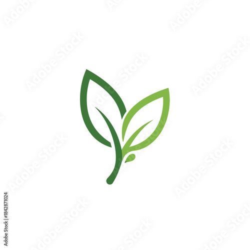 Stylized graphic illustration of two interconnected green leaves on a white background, symbolizing nature, growth, and eco-friendliness.