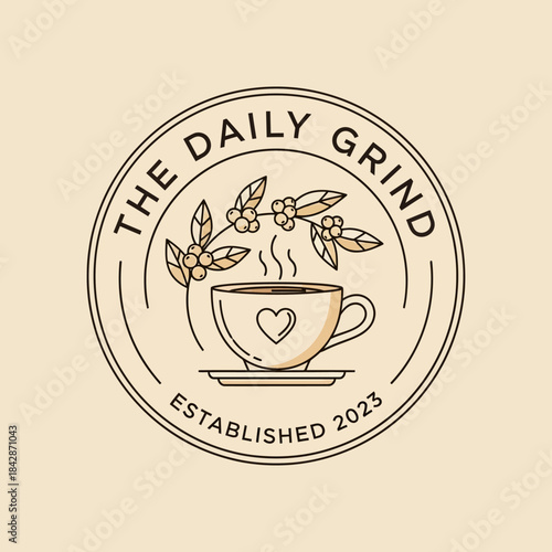 A circular logo for 'The Daily Grind' coffee shop, featuring a steaming coffee cup with a heart, coffee plant branches, and 'Established 2023' text.