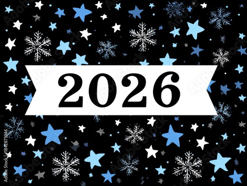 Wallpaper Mural Festive black background with light blue & white stars/snowflakes. "2026" in a white banner Torontodigital.ca