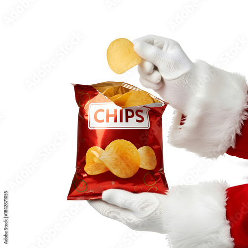 Santa's hands holding a red bag of potato chips, transparent background, isolated