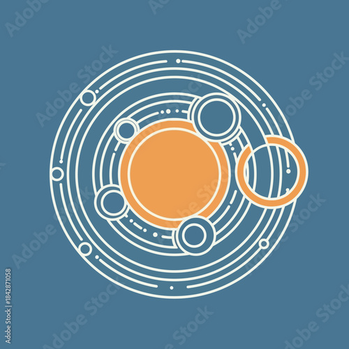 Stylized illustration of a planetary system with orbiting celestial bodies.