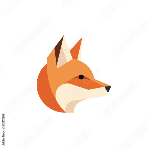 Flat design illustration of a fox head in profile, featuring geometric shapes and warm orange and brown tones.