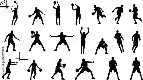 Dynamic Basketball Player Silhouettes Vector Set, Sport Athletes in Action Poses, Black Graphics for Logo Design, Game Graphics, and Tournament Promotion, Isolated on White Background.
