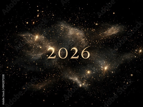 Wallpaper Mural Golden "2026" floats within an abstract, starry night sky, glowing in shades of gold Torontodigital.ca