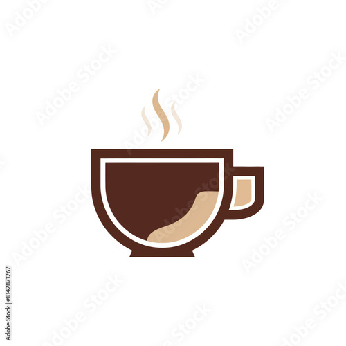 A stylized brown and beige coffee cup with steam rising.