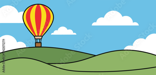 Colorful hot air balloon ascends over rolling green hills and fluffy clouds under a bright blue sky isolated on white background