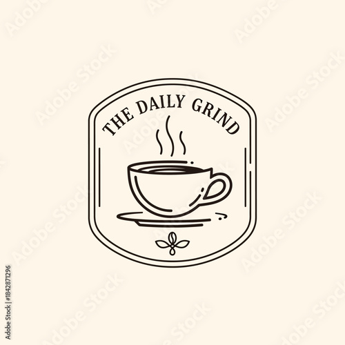 A minimalist line art logo featuring a steaming coffee cup on a saucer within a shield badge, with "THE DAILY GRIND" text.