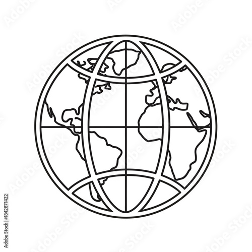 Simple black and white globe illustration with continents outlined.