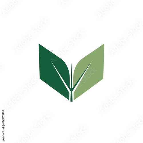 A stylized logo featuring two green leaves forming an open book shape, symbolizing nature, growth, and knowledge.