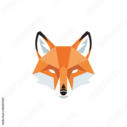Geometric polygonal fox head illustration with orange, white, and black colors on a white background, modern abstract animal art.