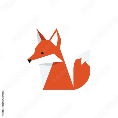 Geometric orange fox illustration in origami style on a white background.