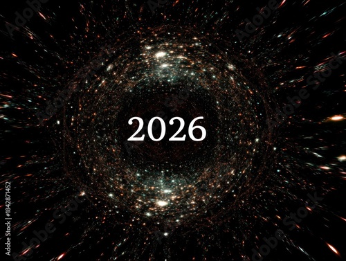 Wallpaper Mural Numeric year 2026 is centered within a swirling cosmos of bright dots and lines Torontodigital.ca