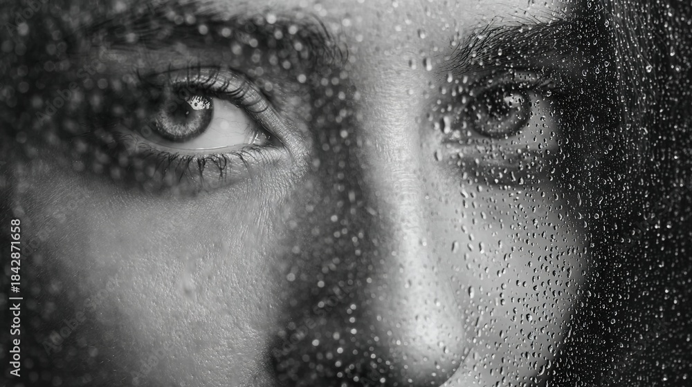 Obraz premium Glimpse of Emotion: A close-up monochrome portrait reveals the tender, expressive gaze of an eye, framed by droplets of water, evoking feelings of introspection and solitude.