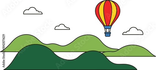 Vibrant hot air balloon floats above rolling green hills and stylized clouds creating a serene landscape adventure scene isolated on white background