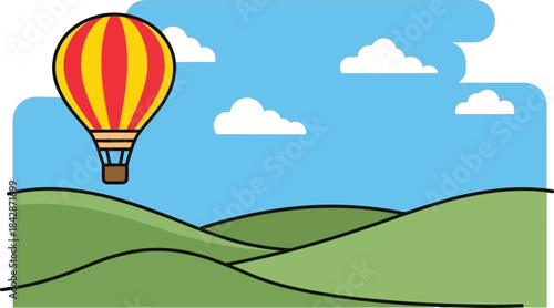 Brightly colored hot air balloon ascends over rolling green hills under a cheerful blue sky with fluffy clouds isolated on white background